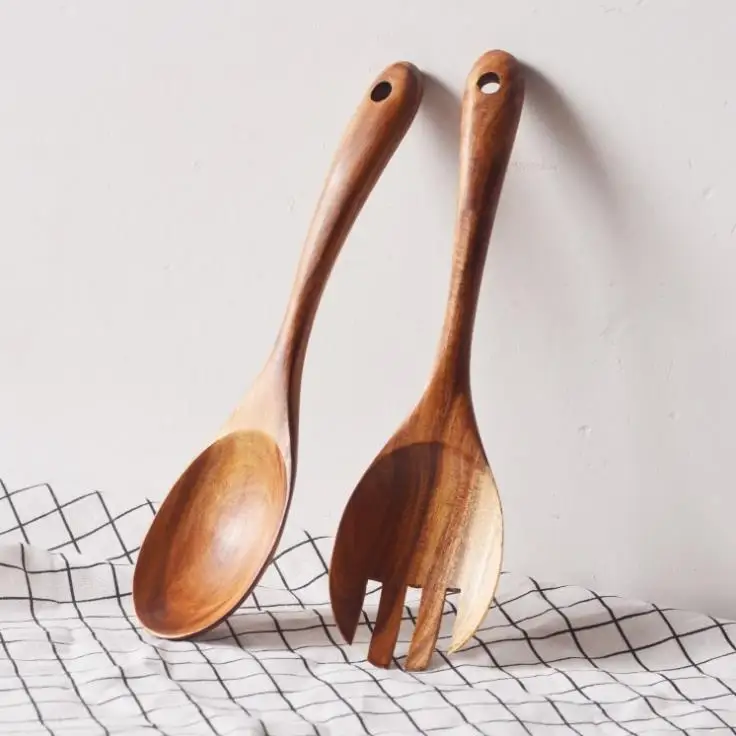 Wholesale Price Customized Logo Handmade Acacia Wooden Servers Spoon Fork Kitchenware Sets