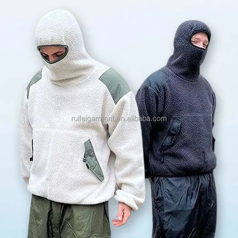 manufacturer wholesale fluffy fleece color block hoodie custom logo heavyweight winter thick warm solid sherpa ninja hoodie men