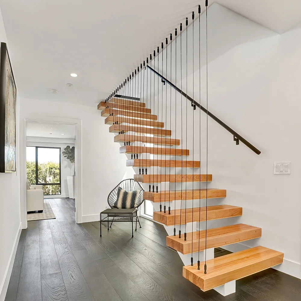 Modern home building materials interior staircase carbon steel wood tread straight stairs with cable railling