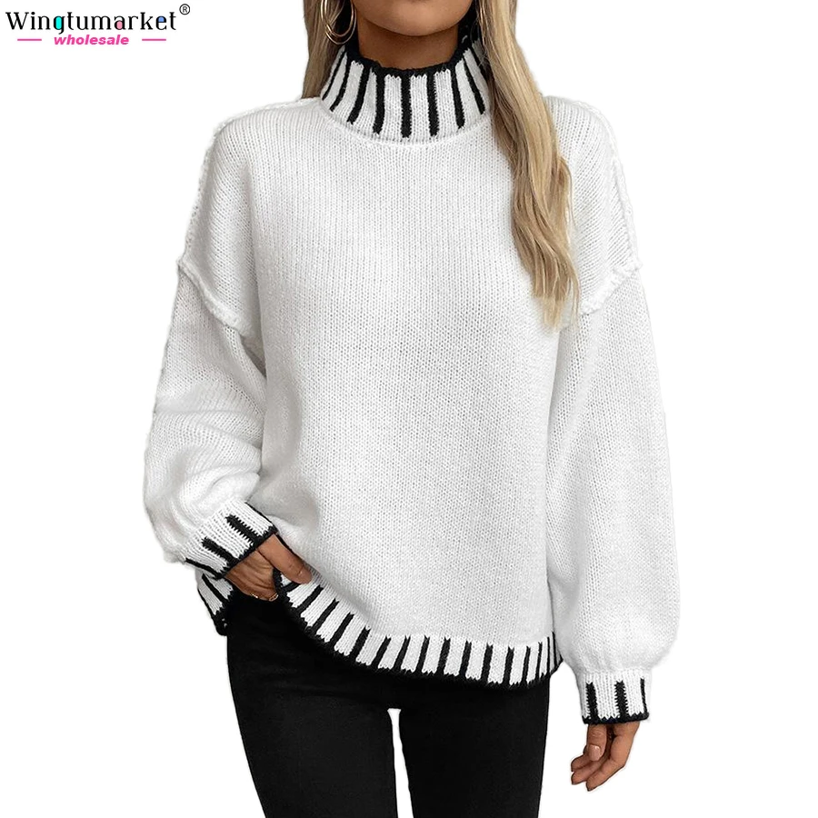 Luxury knitwear woman fall sweaters cozy contrast rib turtleneck pullover drop shoulder white jumper knitted sweater women