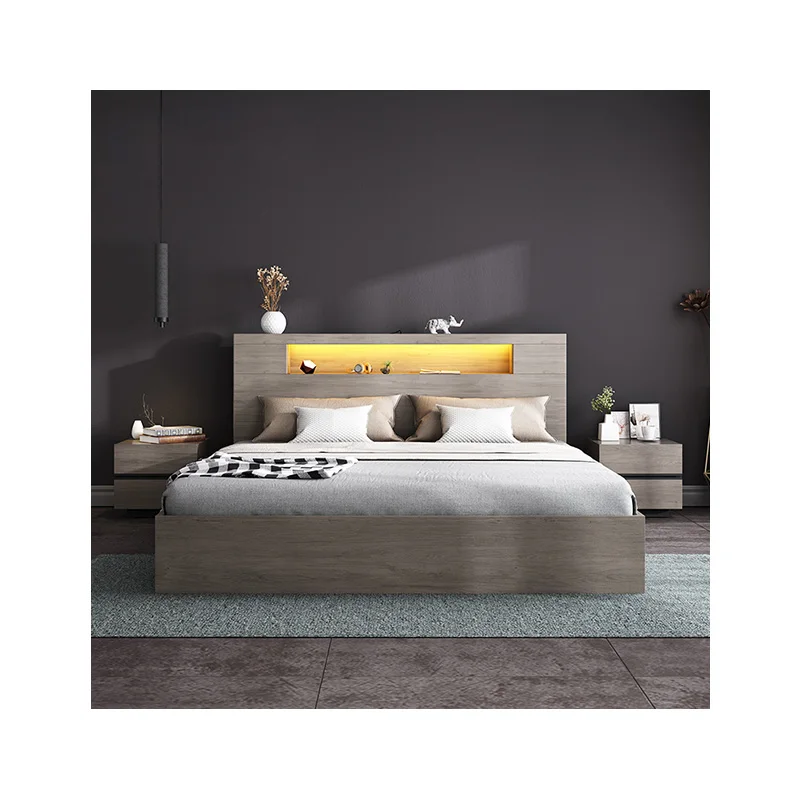 2020 Latest Nordic Double Bed 1.8m Modern Minimalist Tatami High Box Storage Bed With Light