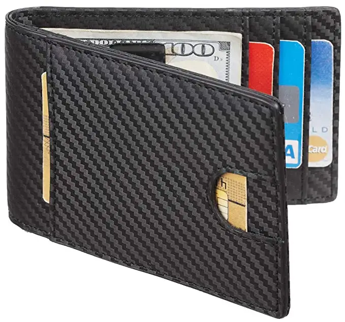 
Thin Minimalist RFID Genuine Leather RFID Blocking Men Wallet with Money Clip Carbon Fiber Wallet 