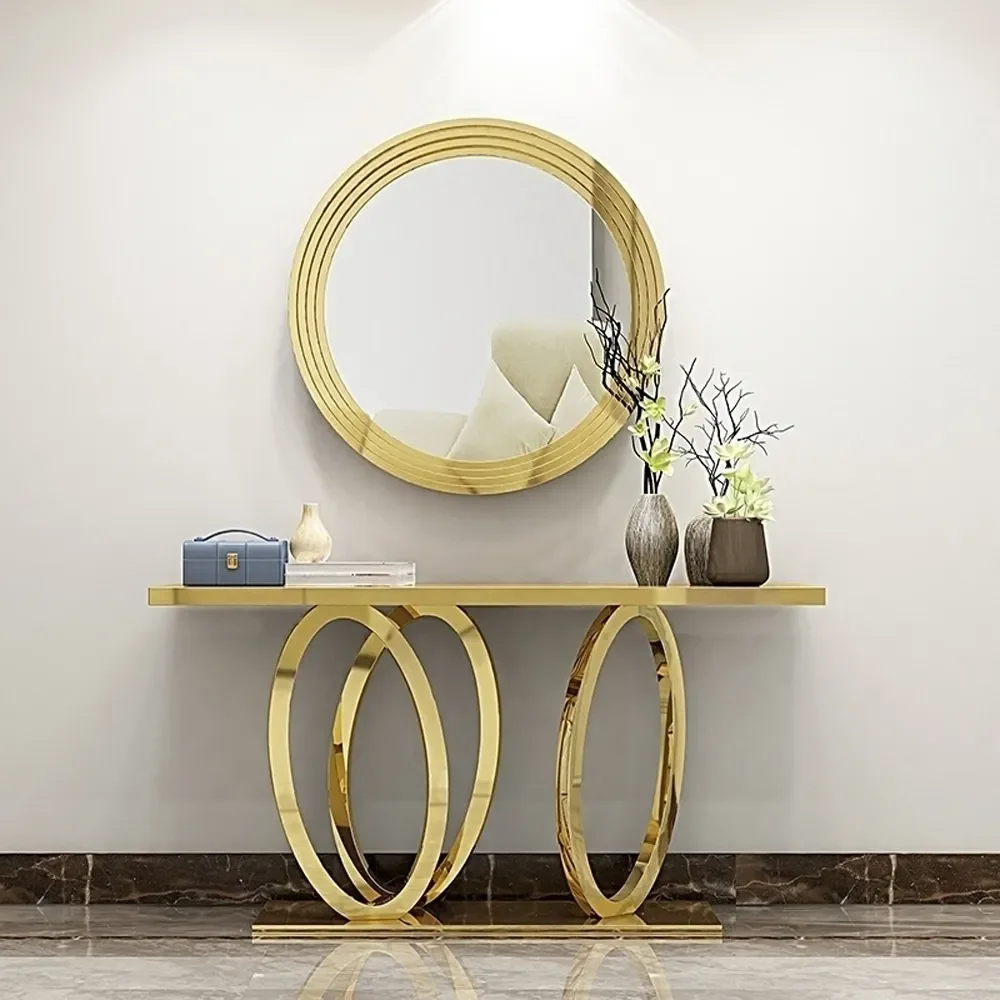 Luxury Design Decorative Long Hallway Gold Hallway Mirror Marble Glass Gold Metal Frame Console Table for Living Room