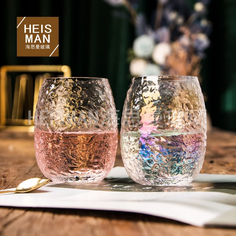 Transparent Hammer Pattern Creative color electroplated glass egg shaped cup Ins Rainbow Crystal Cup Whiskey cocktail glass