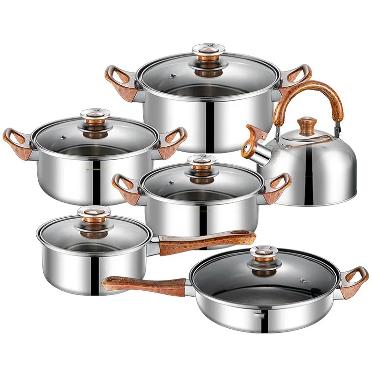 12 pcs triply kitchenware non-stick stainless steel cookware removable water boiler kitchen utensils cooking pots and pans set