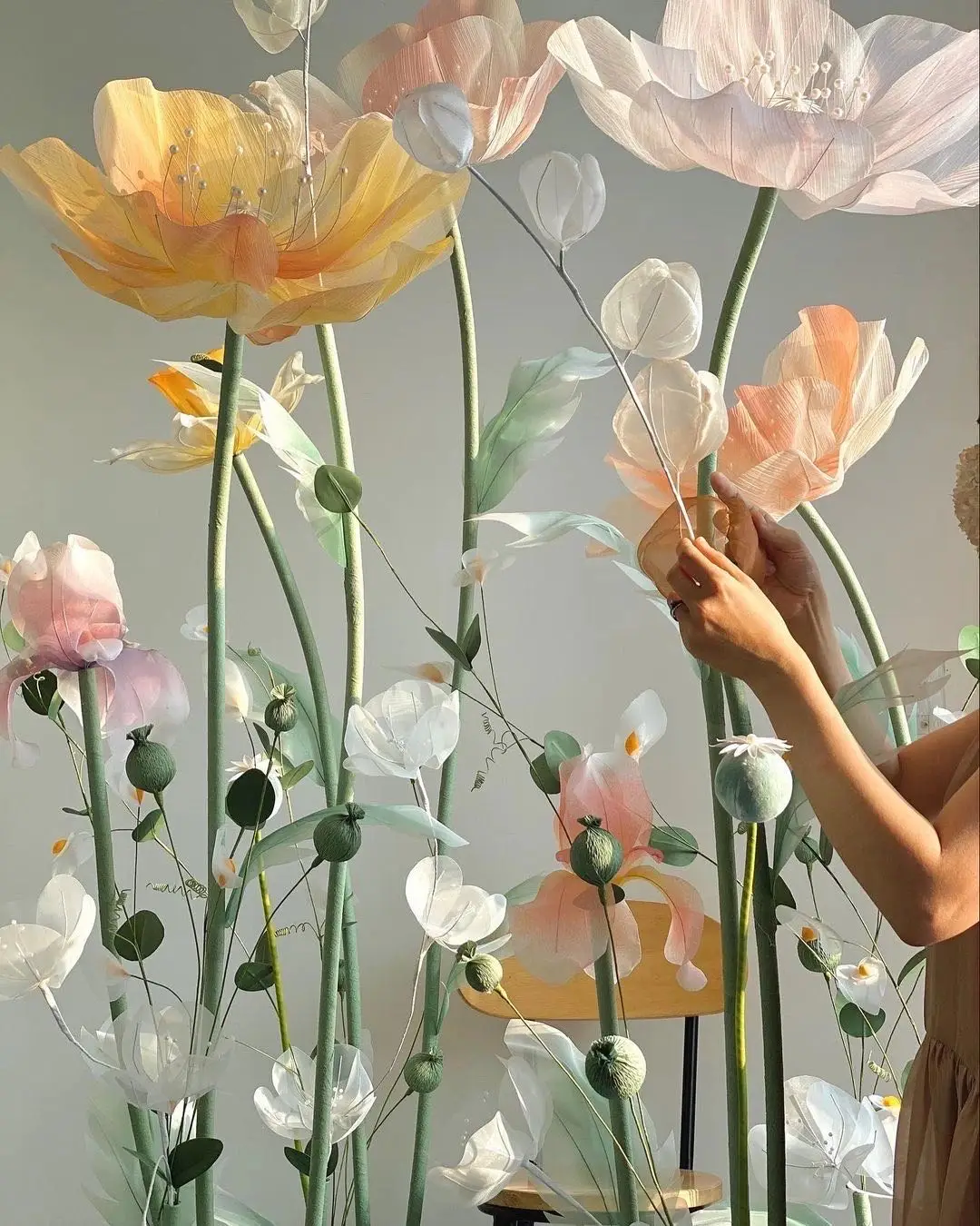 J-025 Artificial Giant Flowers Organza Paper Poppy Peony Flower Set Luxury Wedding Event Decoration Floral Art