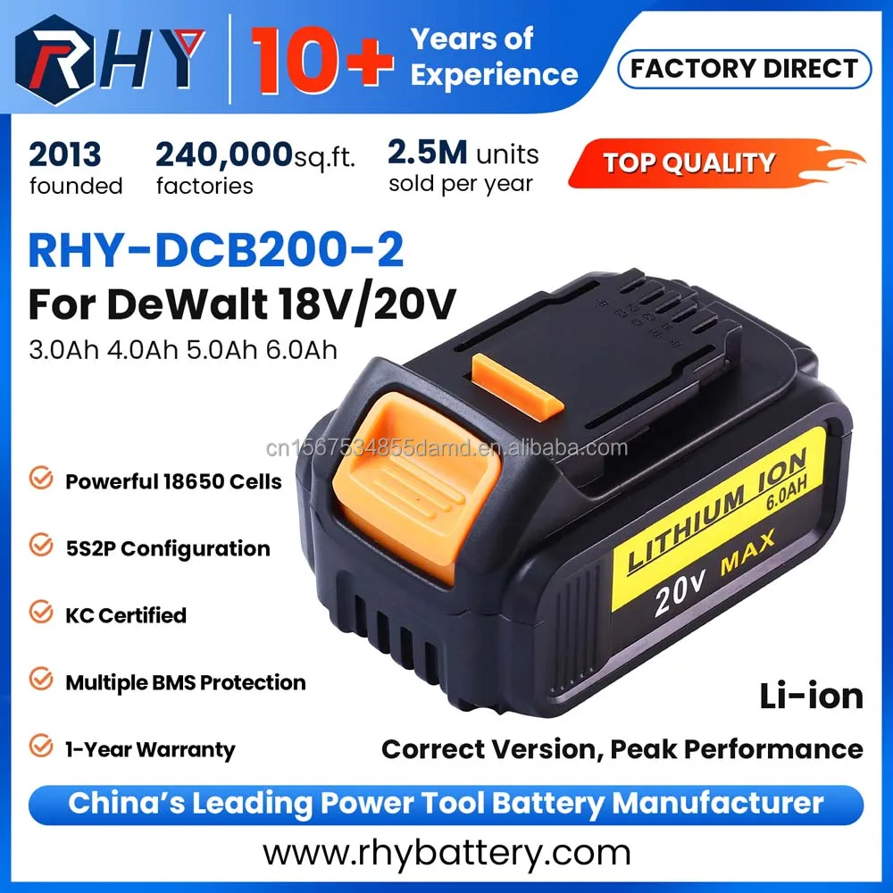 High-performance RHY 20V 5ah Lithium-Ion Batteries DCB180 DCB200 Compatible with Dewalts 20V Power Tool Battery