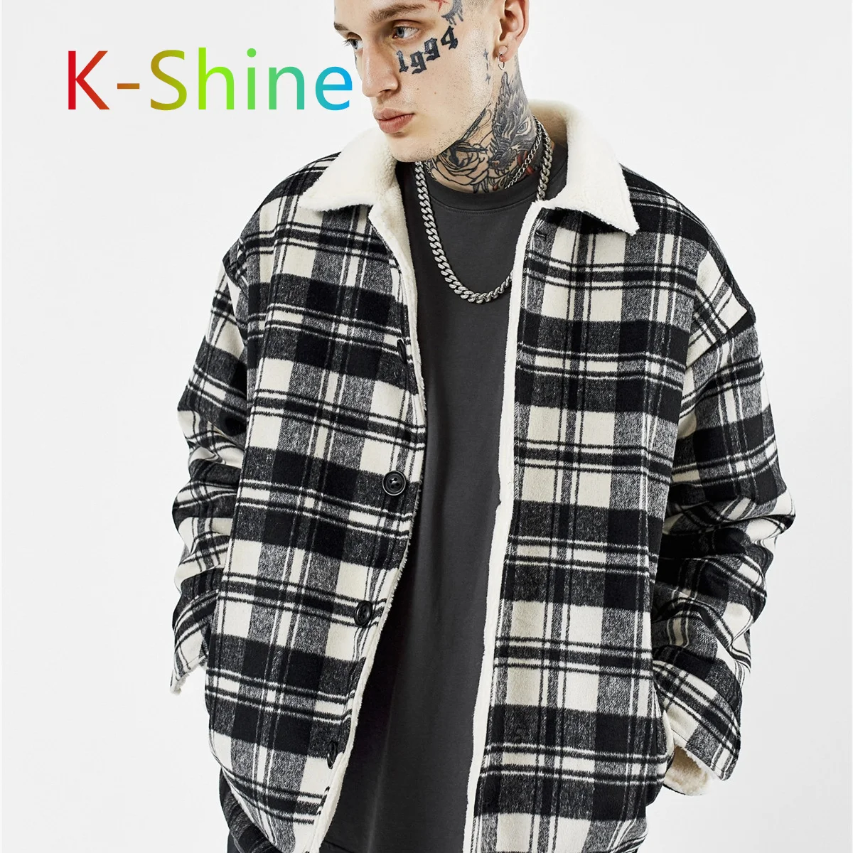 2021Fashion brand plaid pattern lambkin thick cotton jacket jacket long sleeves black and white plaid men autumn winte