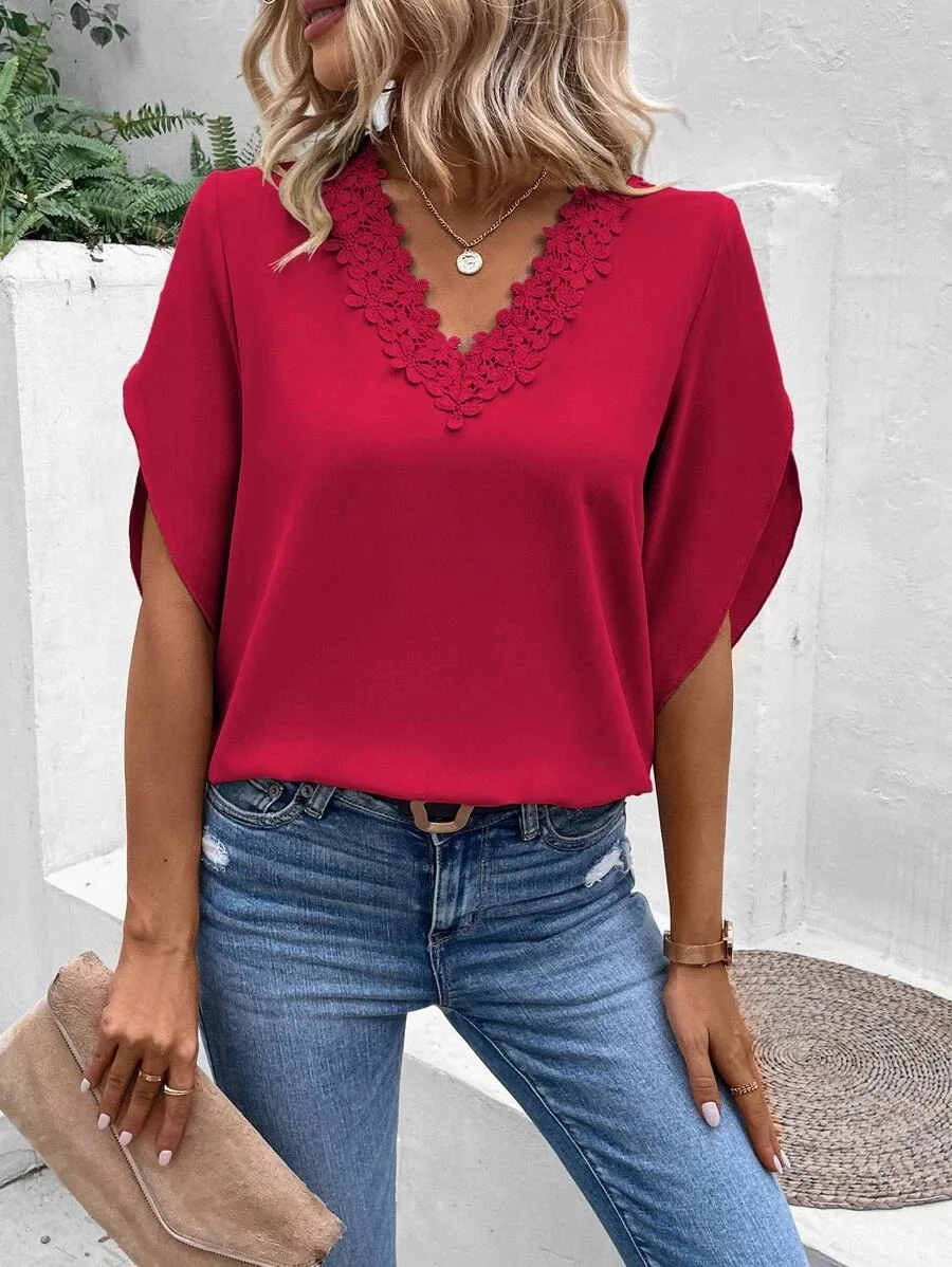 2024 Women Summer Tops Shirts Blouse New Solid Color T-shirt Lace V-neck Flare Sleeve Europe Casual Loose Shirt Blouse