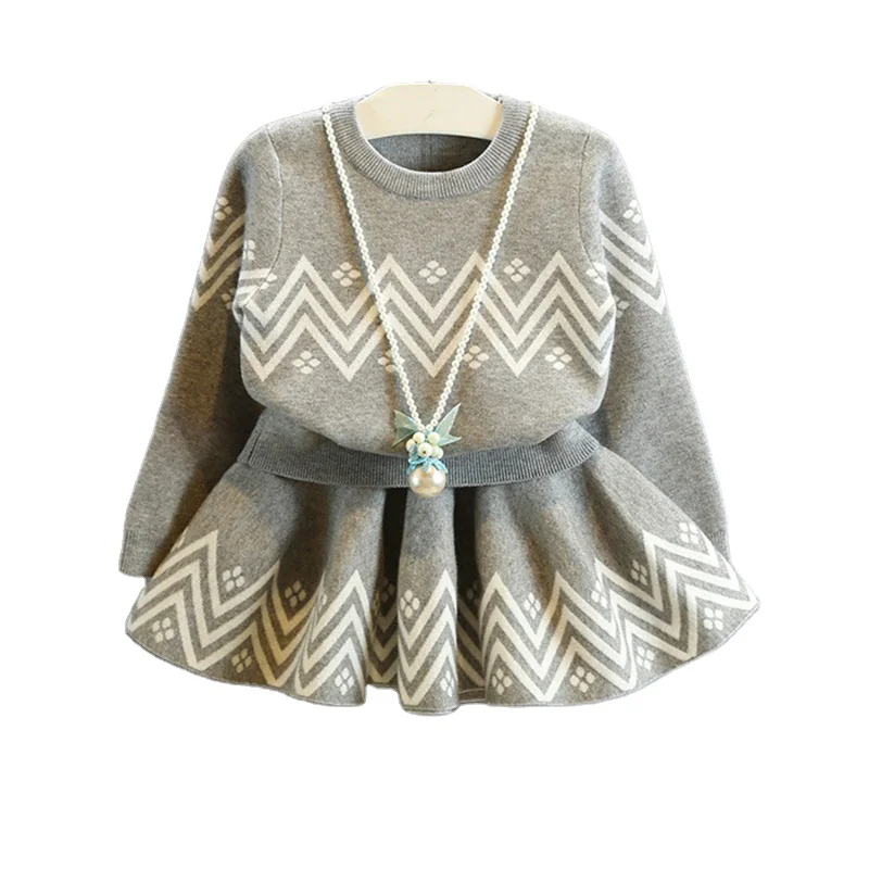 Spring Style Korean Damaskeen Knitted Girl Children With Two Pieces Of Cardigan Skirt Children Clothing Set