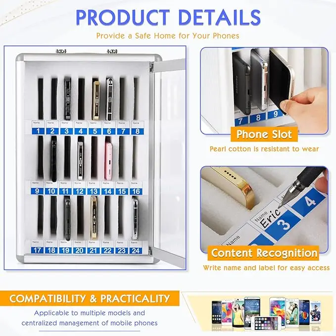 24 Slots Aluminum Alloy Pocket Chart Storage Cabinet for Cell Phones,Wall-Mounted with a Locked,Can be Carried by Hand