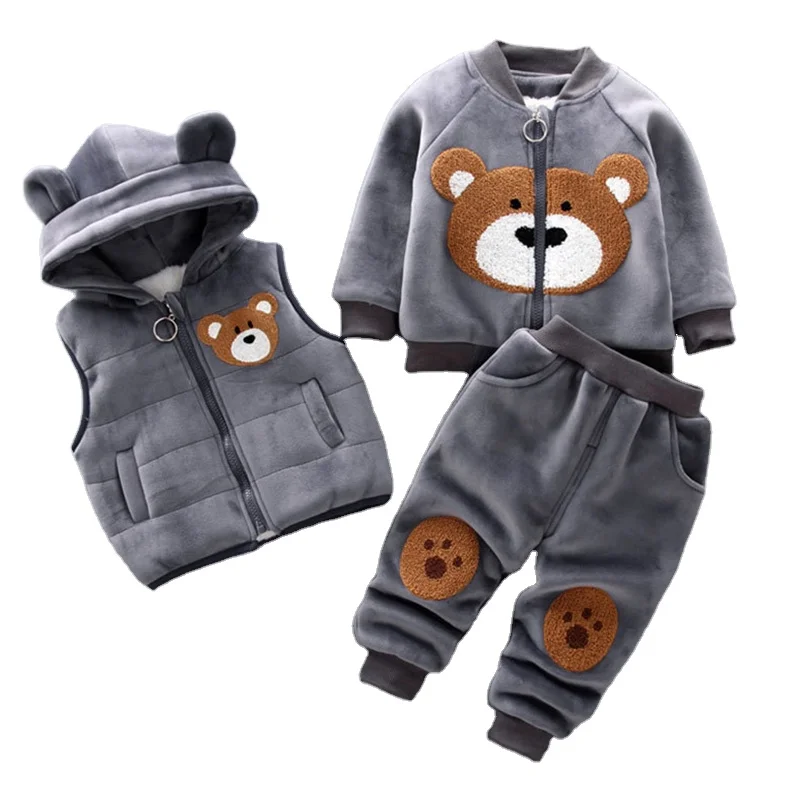 Factory Wholesale Winter Baby Boys Clothes Sets Thick Fleece Cartoon Bear Jacket Vest Pants 3Pcs with competitive price