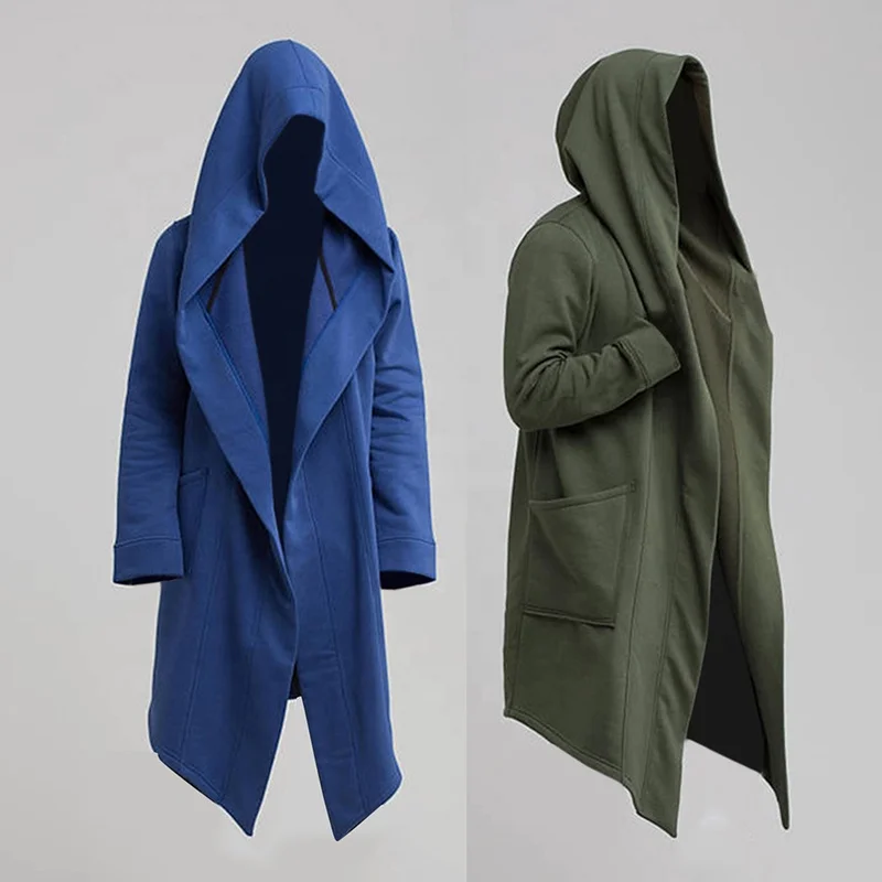 Mens Long Coats Fleece Hooded Cardigan Steampunk Cloak Hoodie Gothic Drape Cape Punk Jacket Autumn Clothes Frock Coat