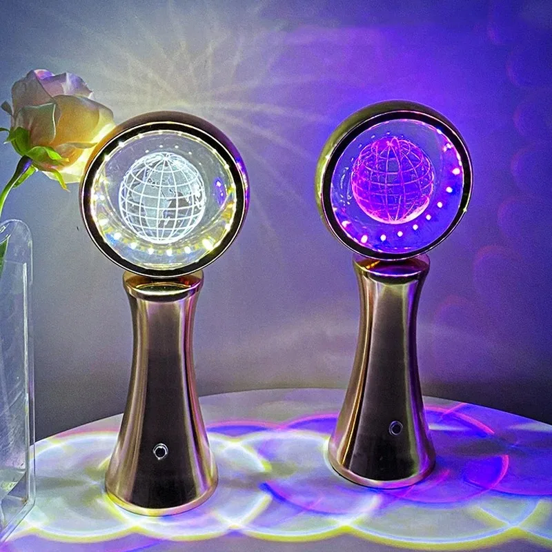 3D Crystal Globe Rotating Night Light RGB Charging Modern Simple Desktop Projection Ambient Light