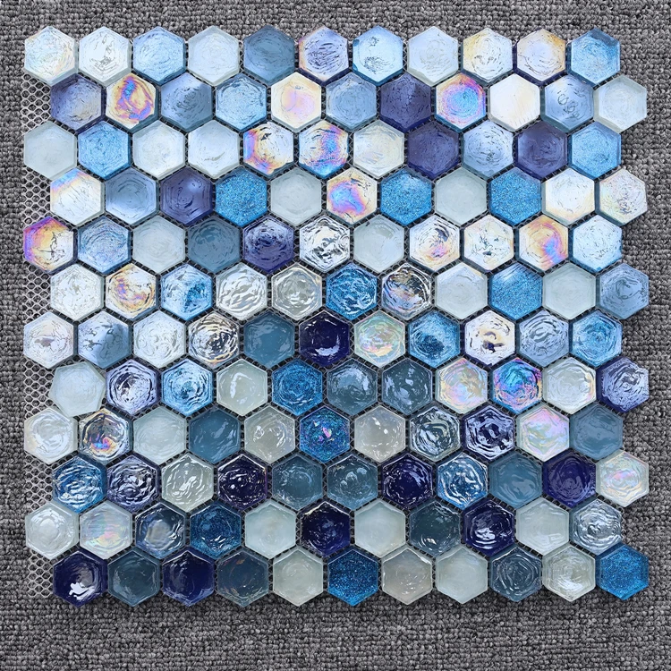 Iridescent Blue Bathroom Wall Hexagon Glass Mosaic Tiles Sheet