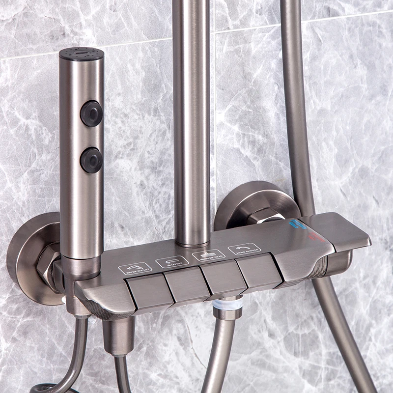 2024 New Design Full Copper Piano Keys Shower Gun Gray Piano Shower Set Modern Hot Selling Brass Body SS 304 Pipe ABS Sprayer