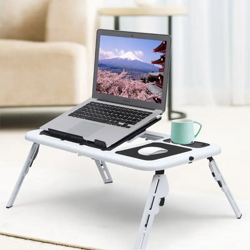 Adjustable USB Dual Cooling Fans Laptop Desk Portable Folding Desk Bed Notebook Stand Study Table with Mouse Pad Cup Holder