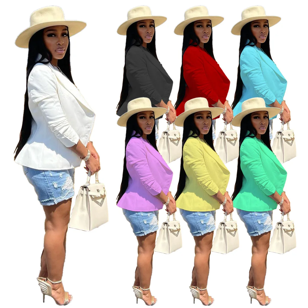  Elegant Solid Color Pockets Button Blazer Office for Women Ladies Blazers and