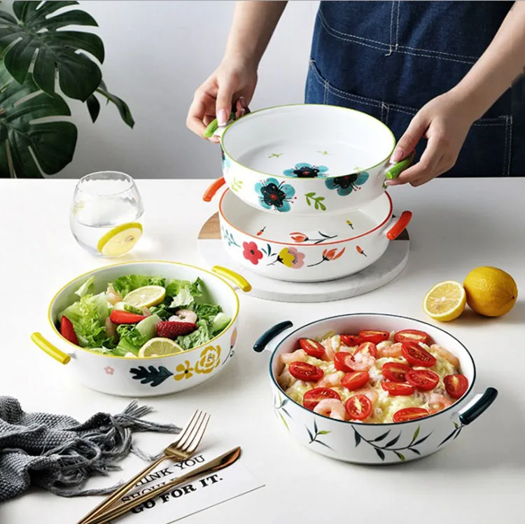 Simple microwave oven safe porcelain baking tray hand painted under glaze color scald proof soup noodle bowl with double ear