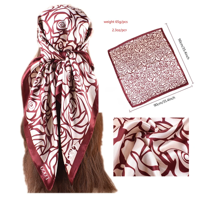 Spring/Summer Retro Rose Versatile Decorative Silk Scarf Printed 90 High Quality Satin Square Scarf for women