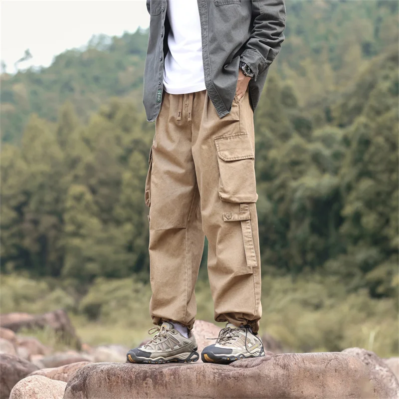 Workwear Style Drawstring Cargo Packet Stretchable Waist Cargo Pants Outdoor Active Wear-Resistant Work Trousers for Men