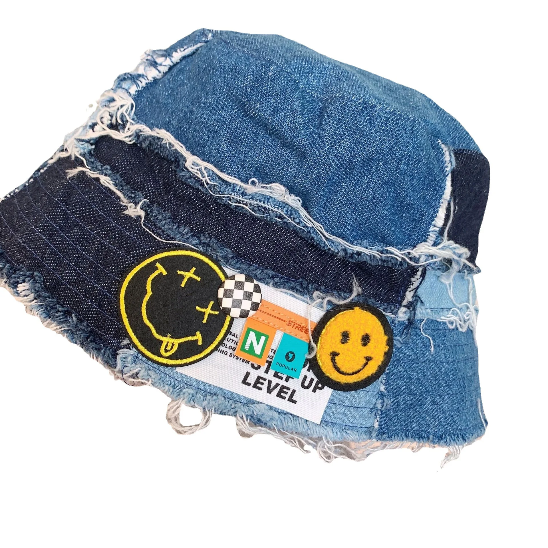 Cowboy Beggar Sticking Cloth Smiling Face Women Men Fish Denim Sunhat Bucket Fisherman bob hat