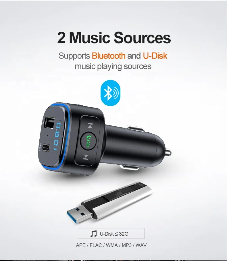 FM Transmitter Upgraded Bluetooth FM Transmitter Wireless Radio Adapter Car Kit with Type-C fast charging Car Charger MP3 Player