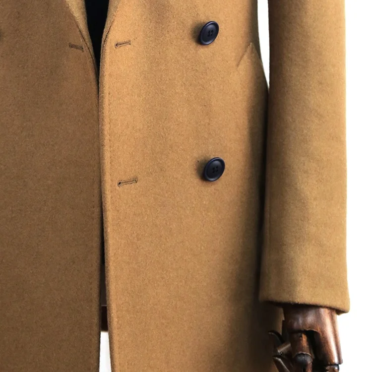 Brown double breasted men long overcoat shawl lapel fashion winter long wool great coat with belt