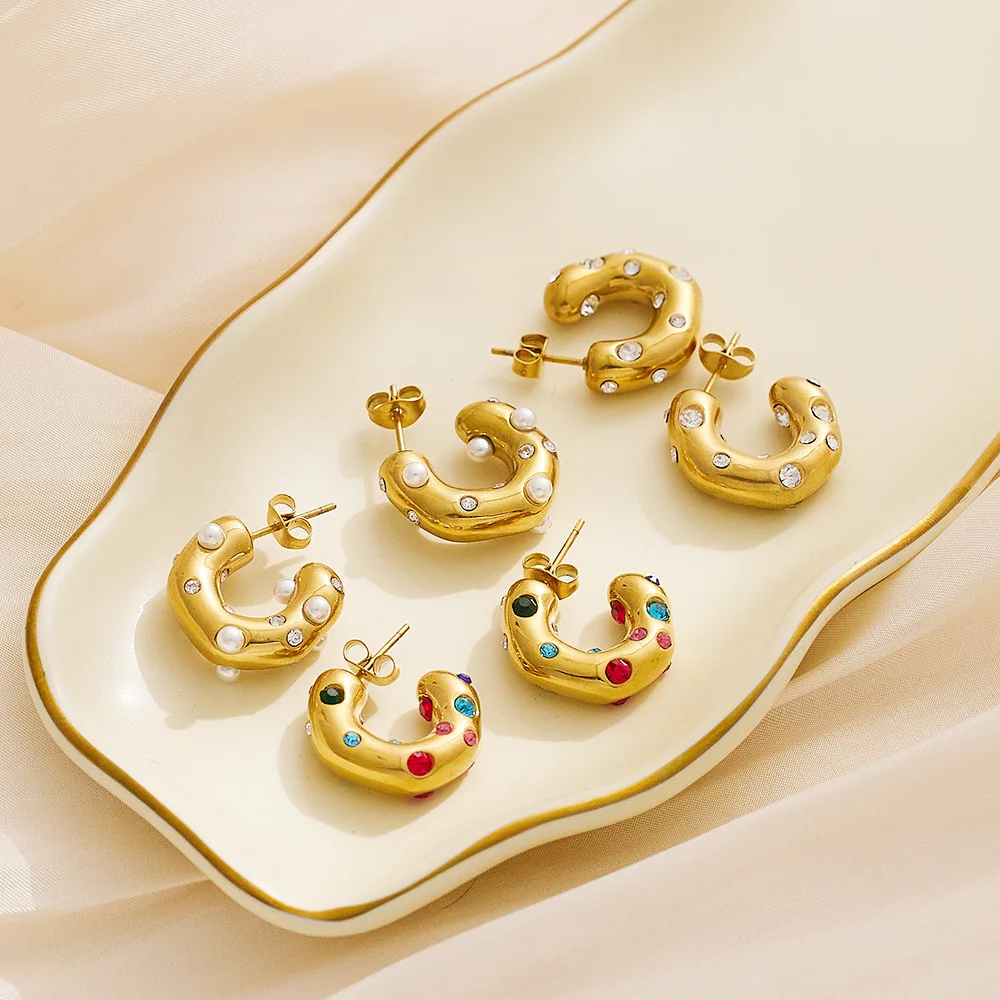 Bijoux Acier Inoxidable Femme 18K Gold Plated Stainless Steel Pearl Jewelry Colorful Cubic Zircon CC Shaped Earrings for Women