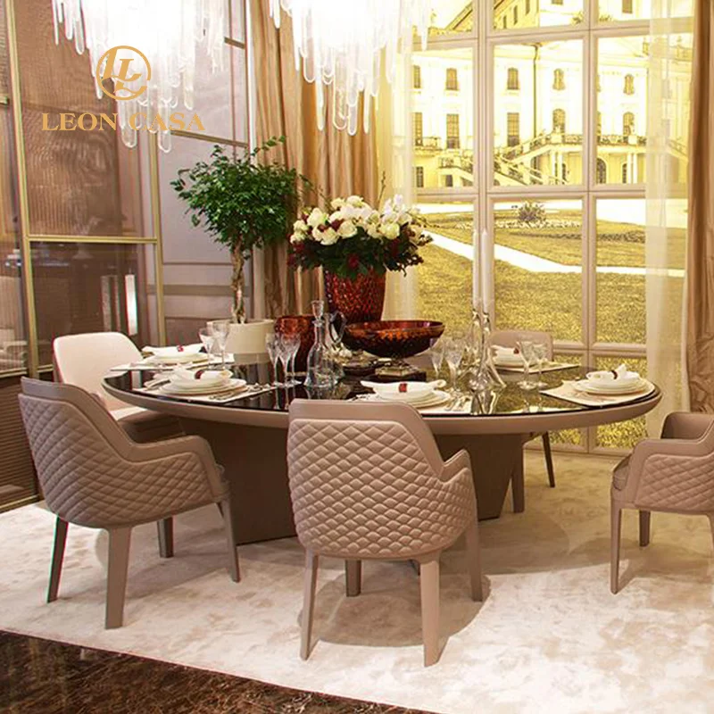 High end villa dining room furniture italian burl wood veneer dining table luxury wooden dining table set