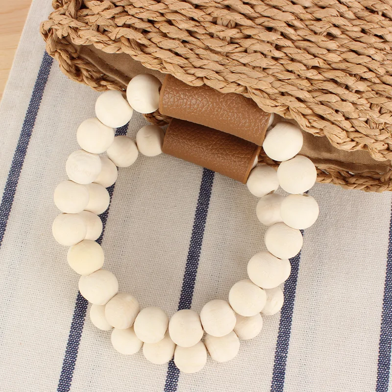 Women Boho Summer Beach Handwoven Straw Tote Bucket Bag with Wooden Beads Round Handle