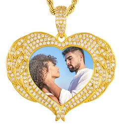 Dropshipping New Arrival Lovers Gift Gold Plated Copper CZ Diamond Iced Out Heart Wing Custom Photo Pendant Necklace