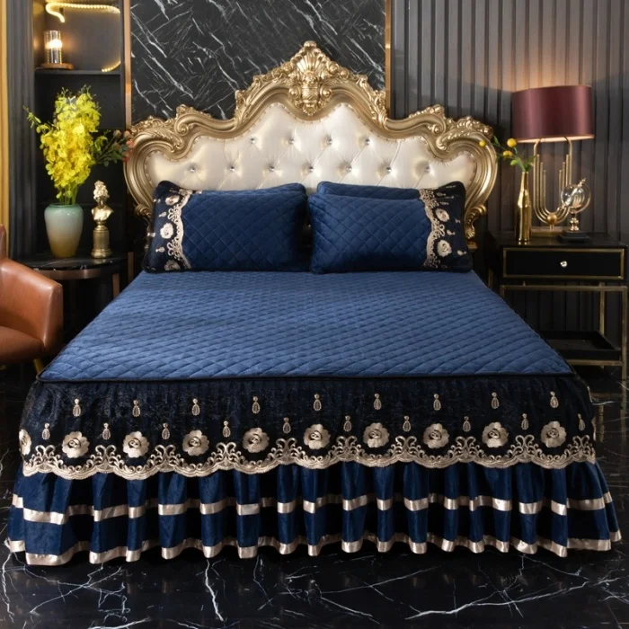 New AMZ Hot Luxury Bed Skirt Sets Queen King Size Crystal Velvet Lace Bed Skirt Milk Velvet Polyester&Cotton Bed Skirt Set 4Pcs