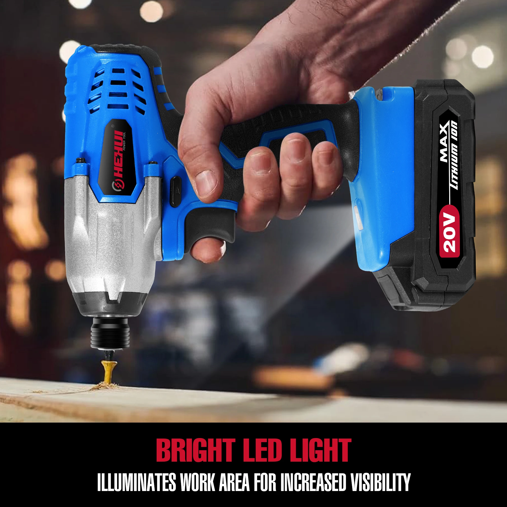 Hehui 20V High Cost Performance Power Tools Brushless Motor 120Nm 6.35Mm Chuck Cordless Impact Driver Drills With Li-Ion Battery