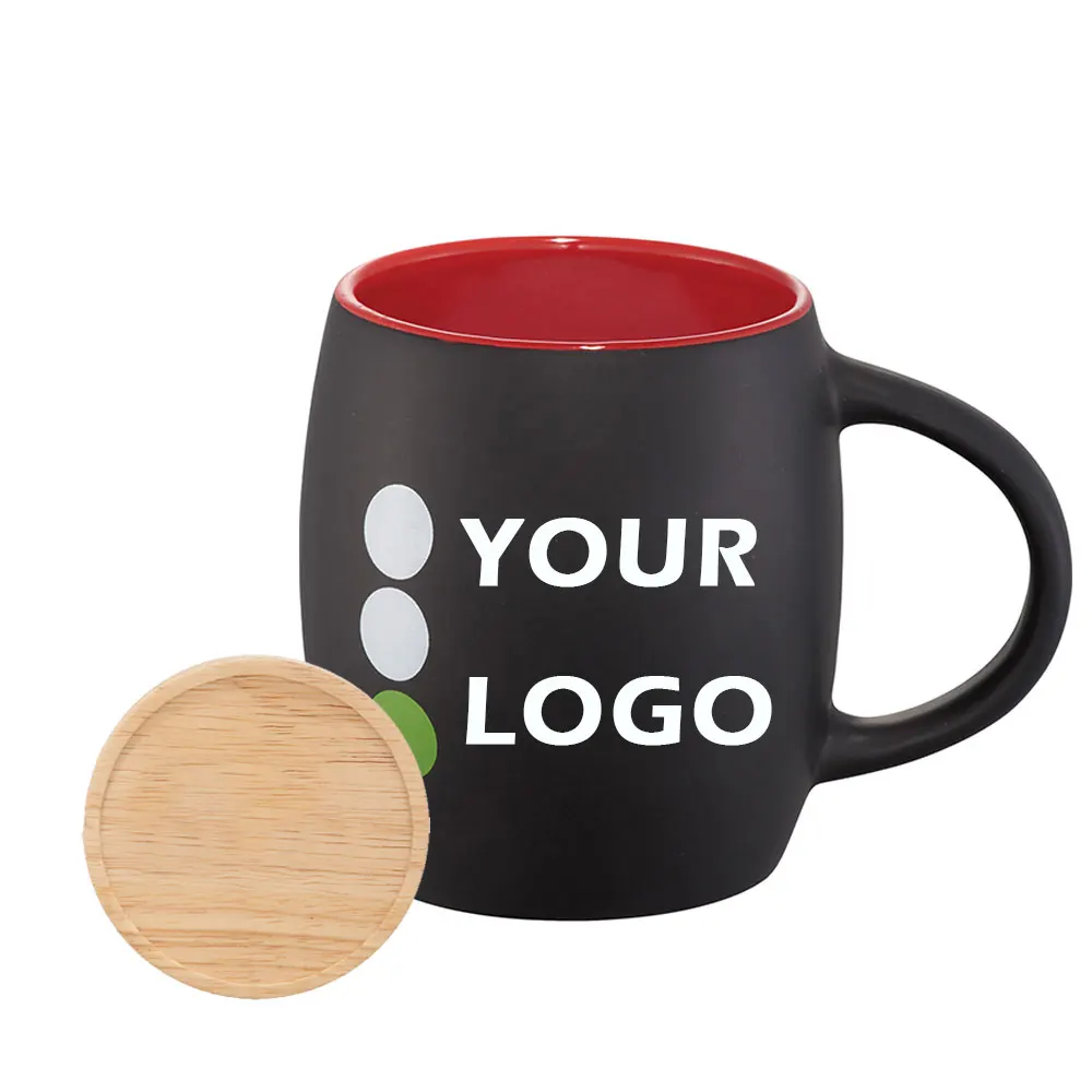 Top Seller Custom Inner Color Outside Black Drum Mug Ceramic Coffee Mug With Wooden lid