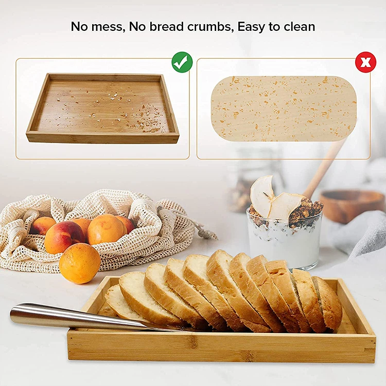 Premium Bamboo Bread Slicer With Stainless-Steel Knife Wood Cutting Guide with Crumb Tray For Homemade Bread, Cake, Bagels