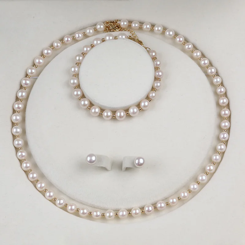 6.5-7mm White Near Round Real Natural Fresh Water Pearl Jewelry Necklace Set