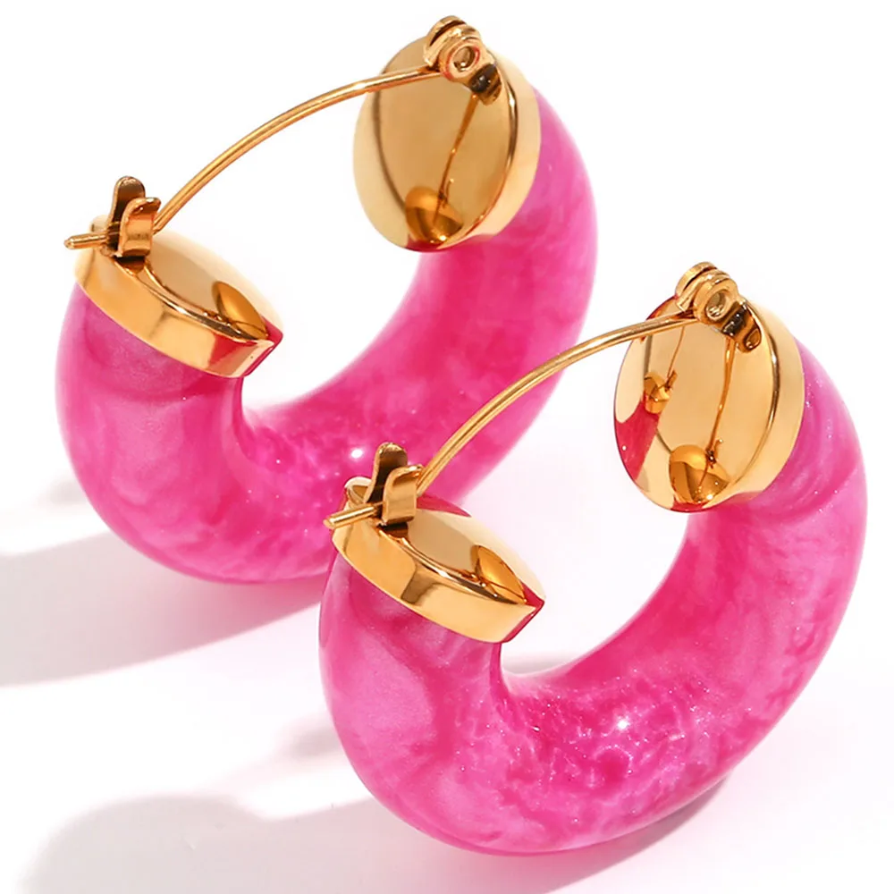 Colorful Resin Acrylic Fashion Earrings Daily Chunky Round Stainless Steel Hoop Earrings Y2K Charm Jewelry Bijoux Gift