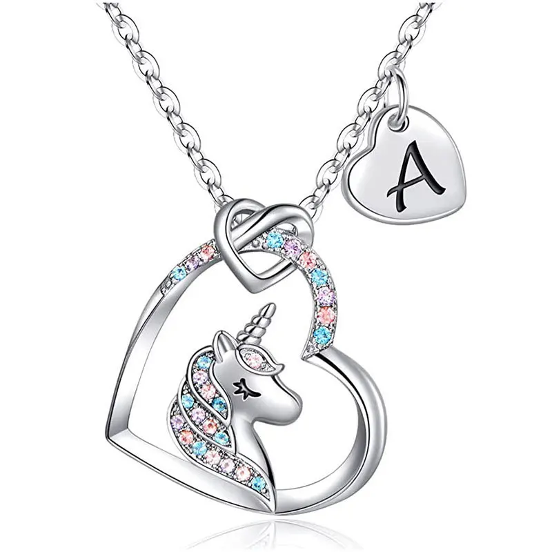 Stainless Steel Heart Love Pendant Initial Letters A-Z Bling Zircon Unicorn Necklace Kids Lovely Necklace Jewelry
