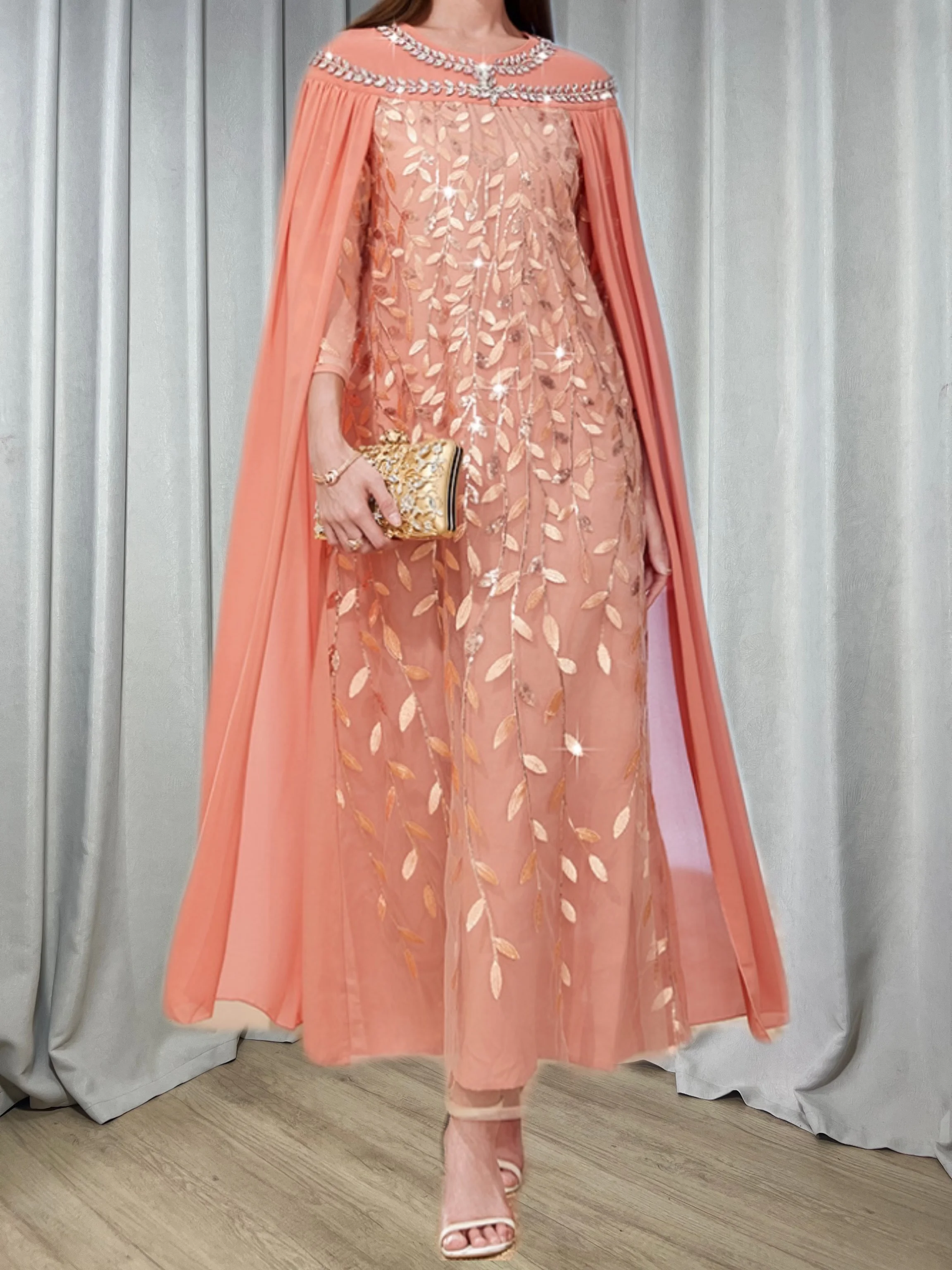 Customized Leaf Mesh Embroidery Cloak Middle East Moroccan Kaftans Dubai Women Long Robe Evening Party Muslim Dresses