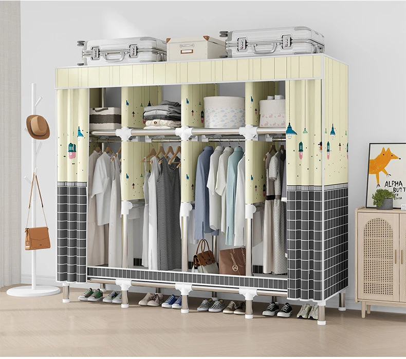 Bedroom Clothes Organizer Portable Non Woven Folding Wardrobe Metal Frame Multi Purpose Kids Wardrobe