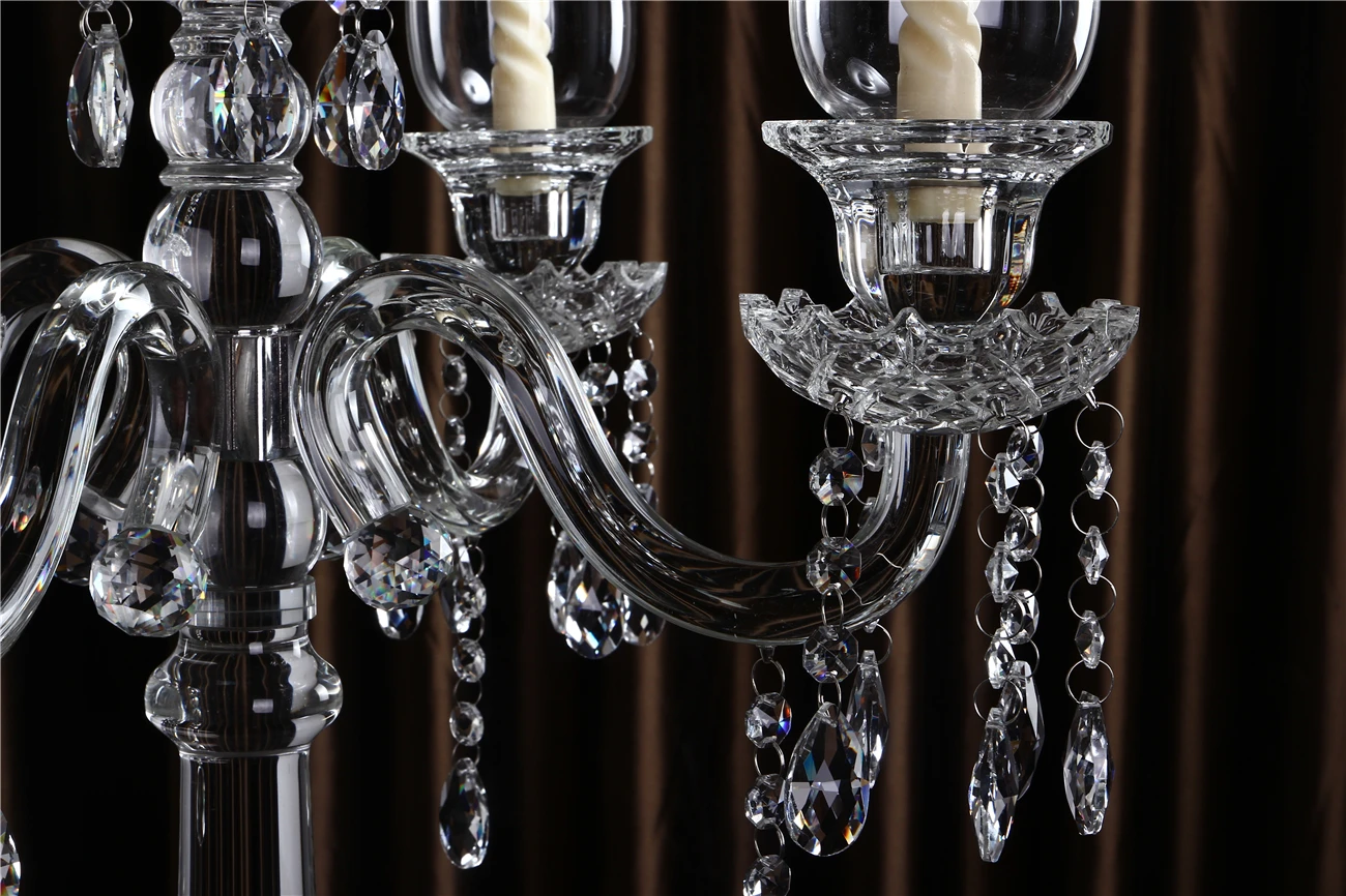 New luxury 5 arms K9 Crystal  candelabra Wedding Centerpiece wholesale Tall Glass Tubes Candle Holder with Lampshade for sale