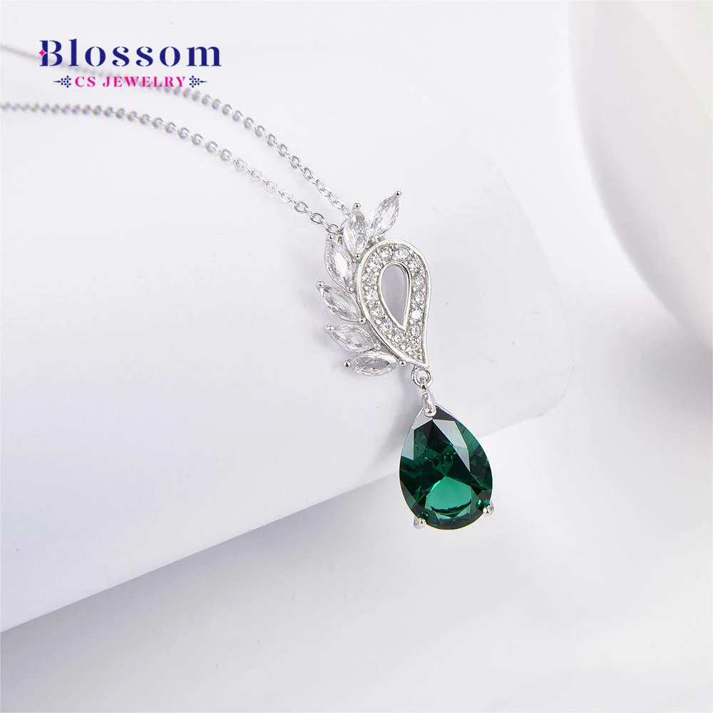 Blossom CS Jewelry Quality Custom 925 Silver Women Emerald Water Drop Pendant Necklace