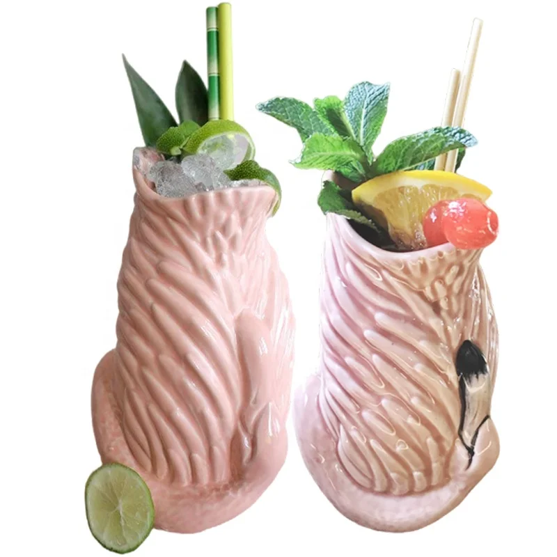 Custom wholesale barware animal bird shaped mocktail glass single serve drinking cup ceramic pink flamingo cocktail tiki mug