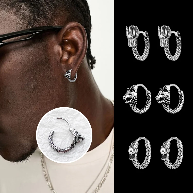 Wholesale Hoop Earrings Men Punk Style Stainless Steel Dragon Gothic Earrings