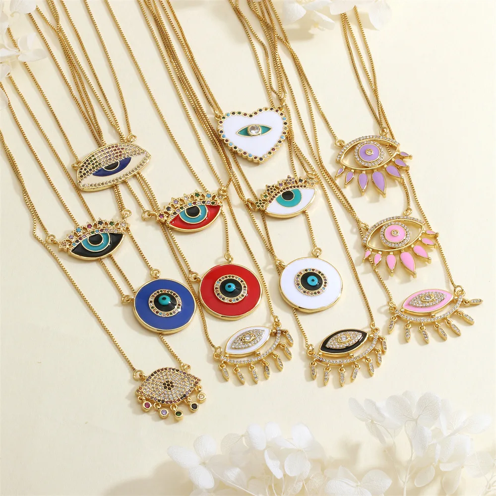 Iced Out Cubic Zirconia Zircon Blue Evil Eyes Pendant Necklace Colorful Enamel Devil Eye Gold Plated Necklaces