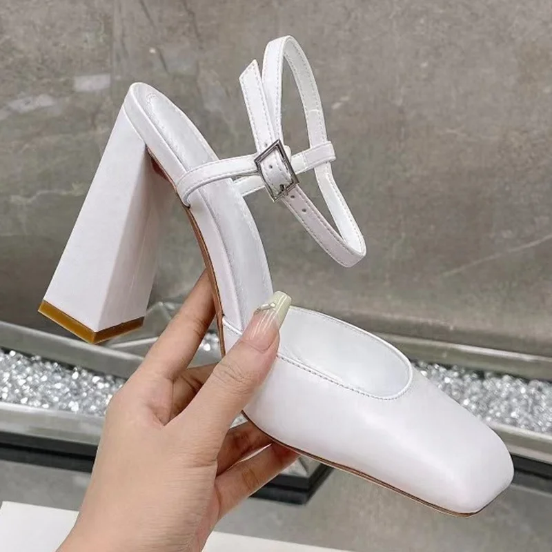 Large Size 45 Women Square Toe Rhinestone Mary Jane Sandals Candy Colors Banquet Party Chunky High Heels Wide Fit Satin Shoes