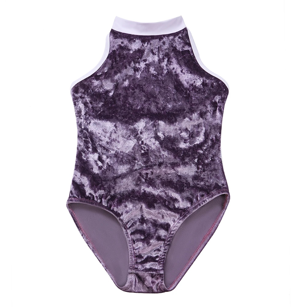 Custom colors logo good quality royal red blue high neck diamond velvet dance training wear ballet leotards for girls