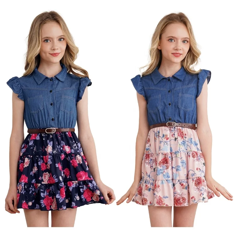 2-14 13 Year Old Casual Kids Dress Designs Korean Denim Child Summer Floral Print Toddler Girls Dresses