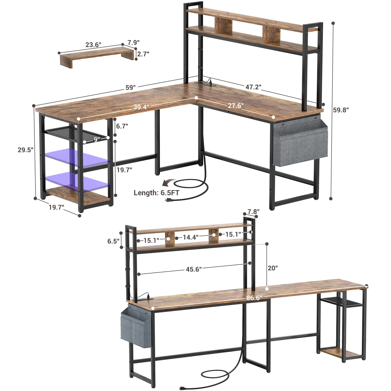 Computer Corner Desk with Storage Shelf and Monitor Stand L Shaped Desk with Power Outlets and LED Strip